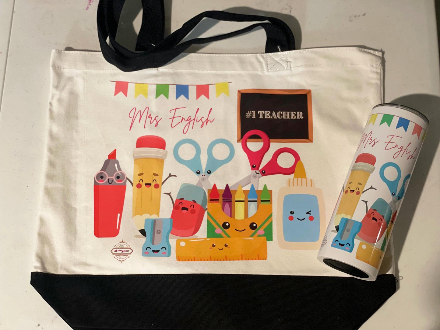 Cute Kawaii School Supplies Tote Bag & Tumbler, Personalized