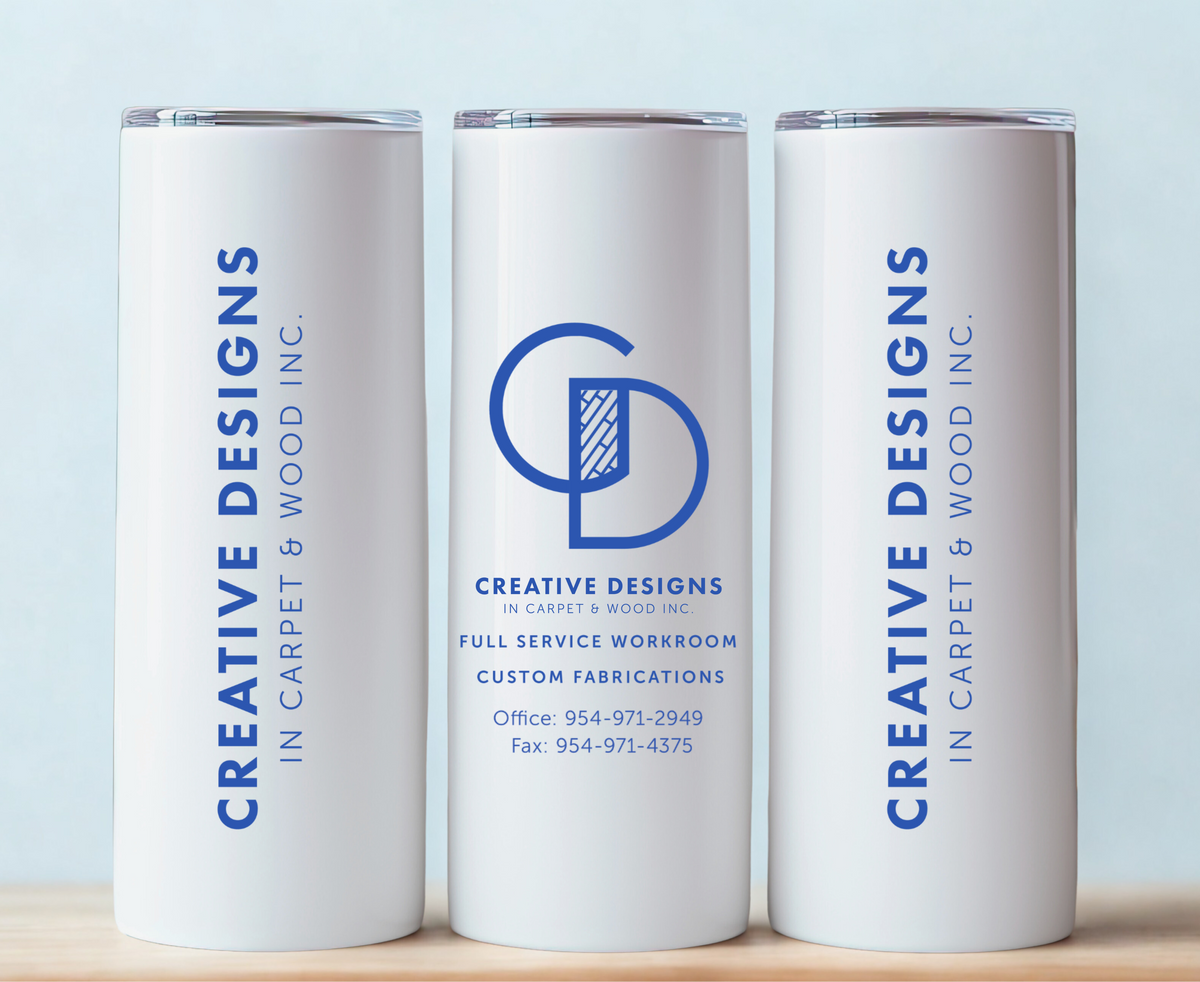 20oz Tumbler with a business logo. Made for trade events as business merchandise.