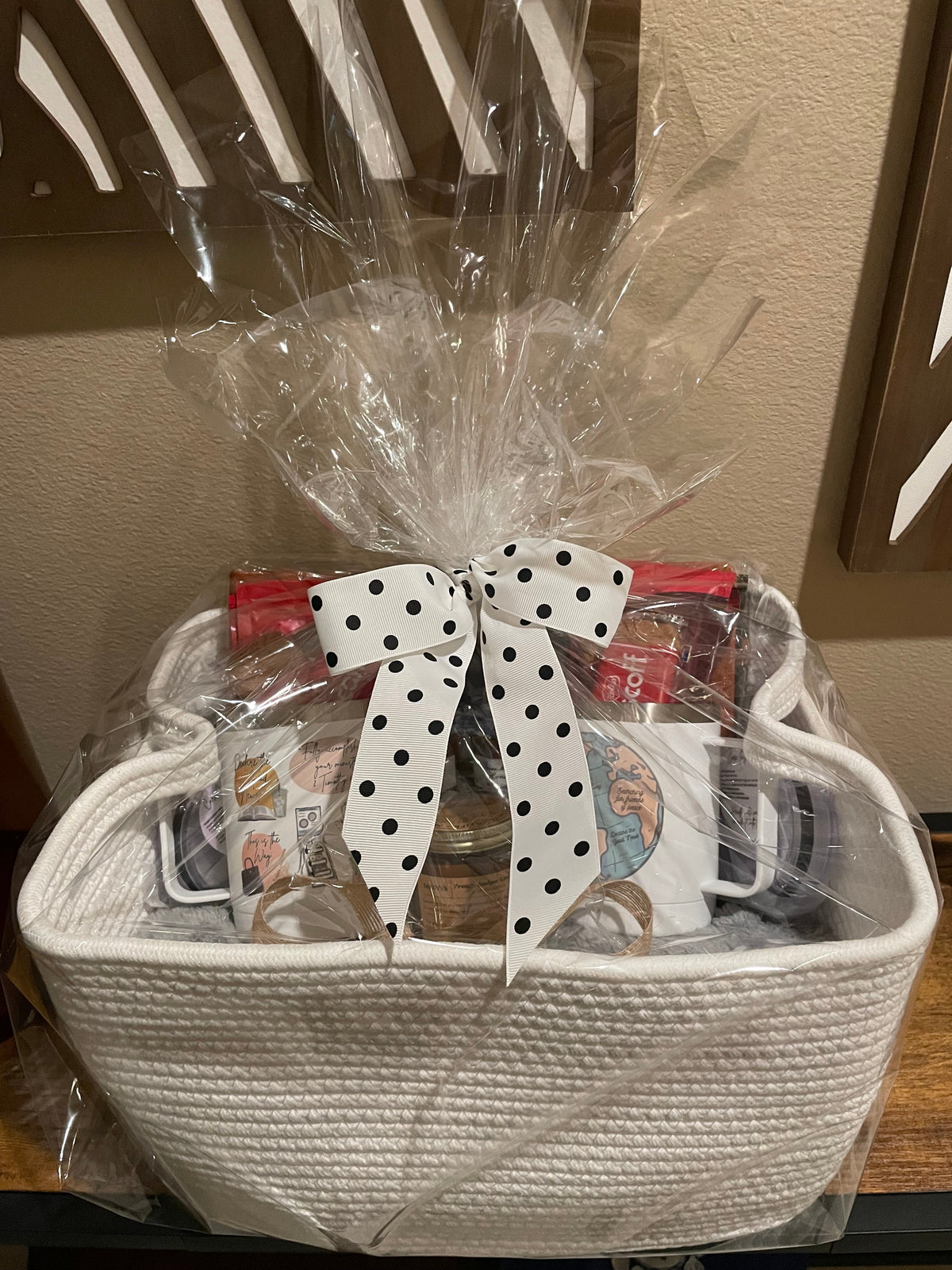 Large Gift Basket with personalized mug tumblers.