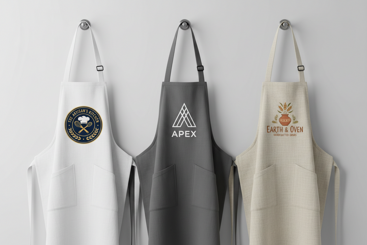 Three aprons hanging on wall hooks against a light gray background: a white apron with a circular chef logo, a dark gray apron with a geometric logo and the word APEX, and a cream apron with an orange and brown 'EARTH & OVEN' logo.
