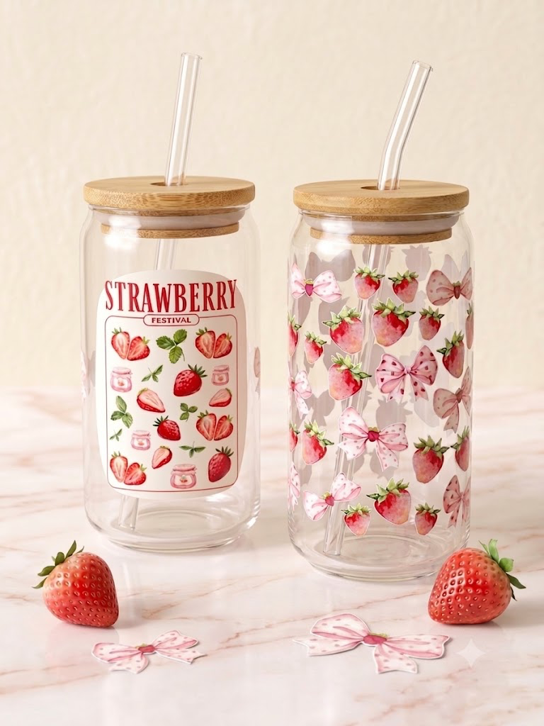 Strawberries & Pink Coquette Bow Glass Can | Iced Coffee Cup (16oz)