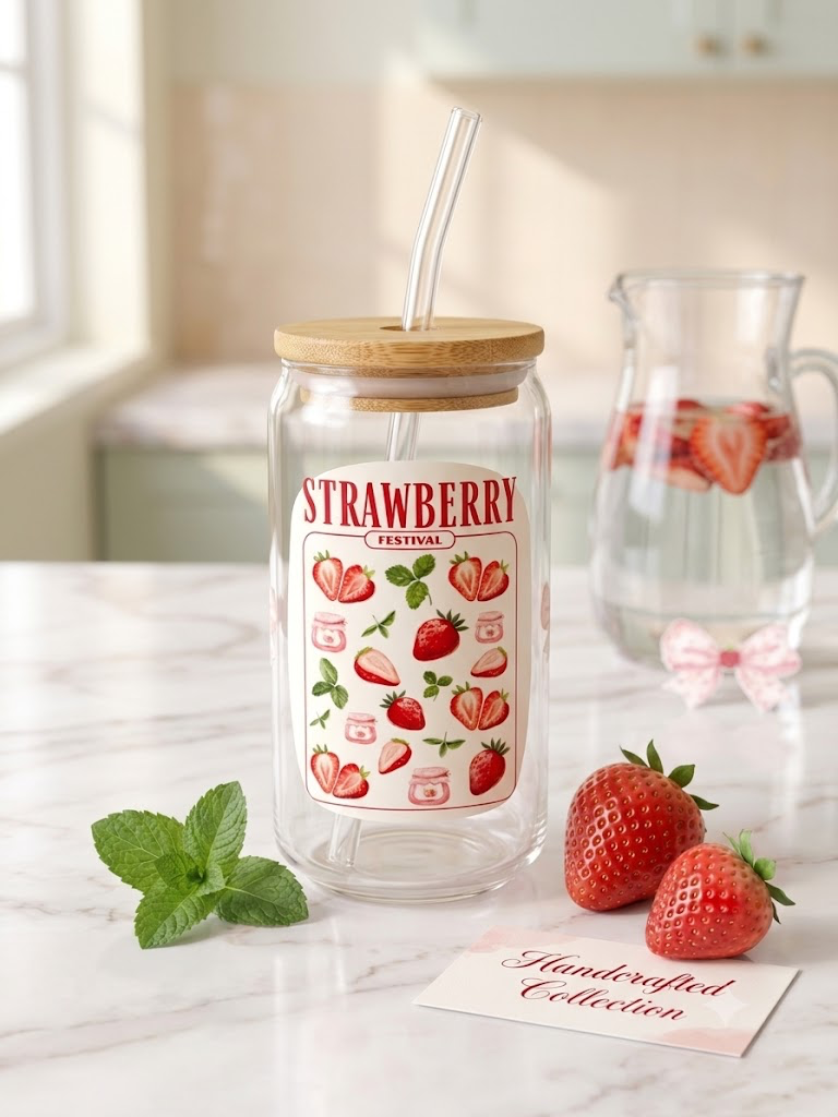 Strawberries & Pink Coquette Bow Glass Can | Iced Coffee Cup (16oz)