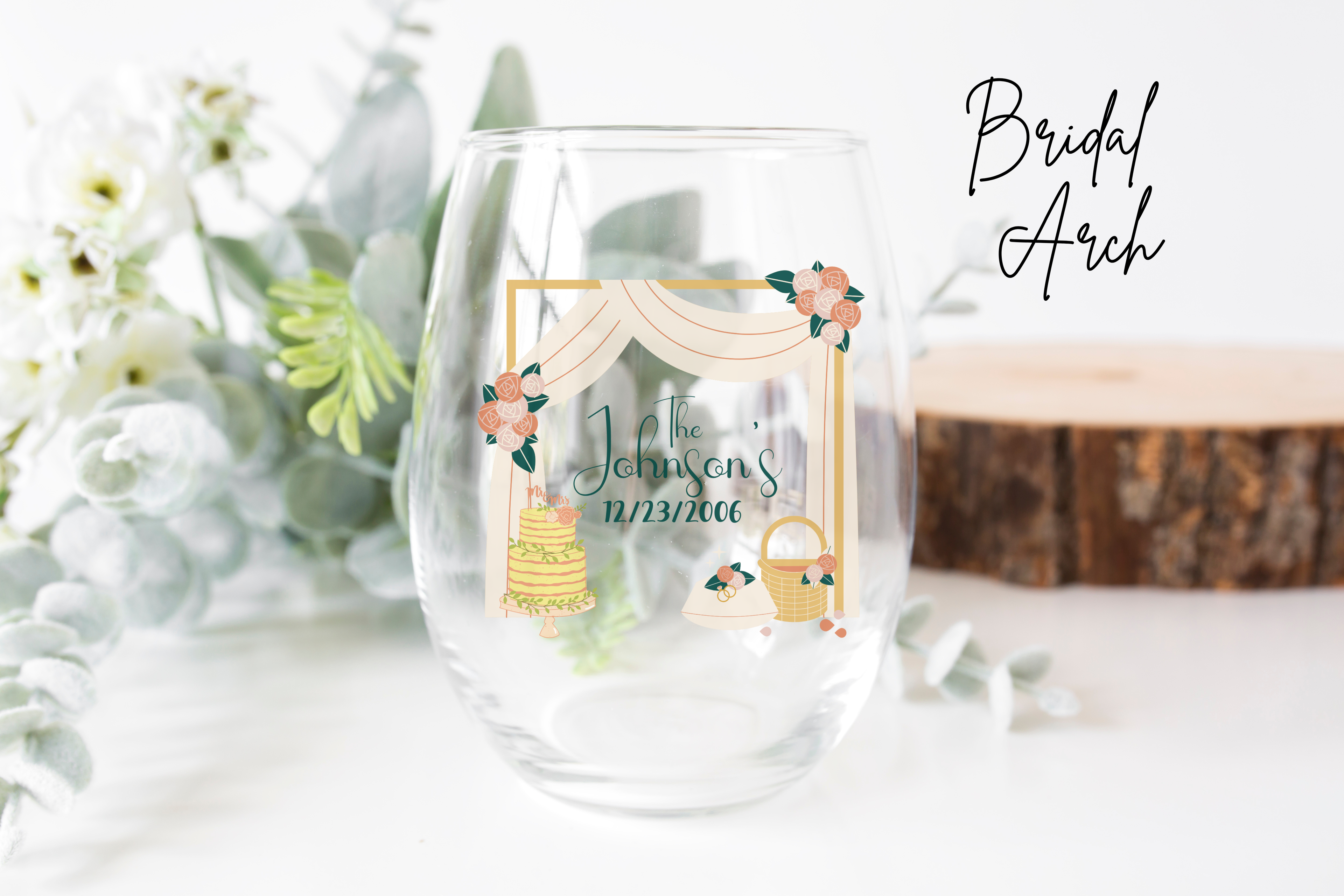 Stemless Wine Glass, Anniversary, Bridal, Wedding