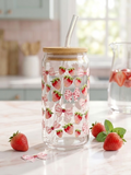 Strawberries & Pink Coquette Bow Glass Can | Iced Coffee Cup (16oz)