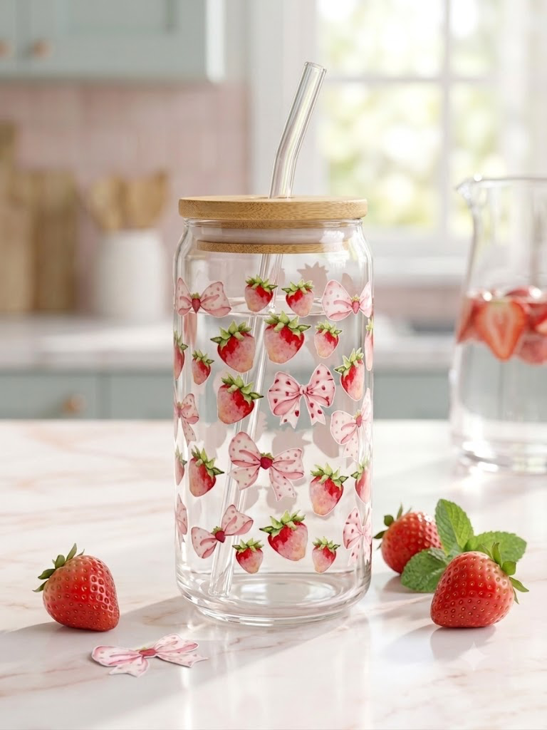 Strawberries & Pink Coquette Bow Glass Can | Iced Coffee Cup (16oz)