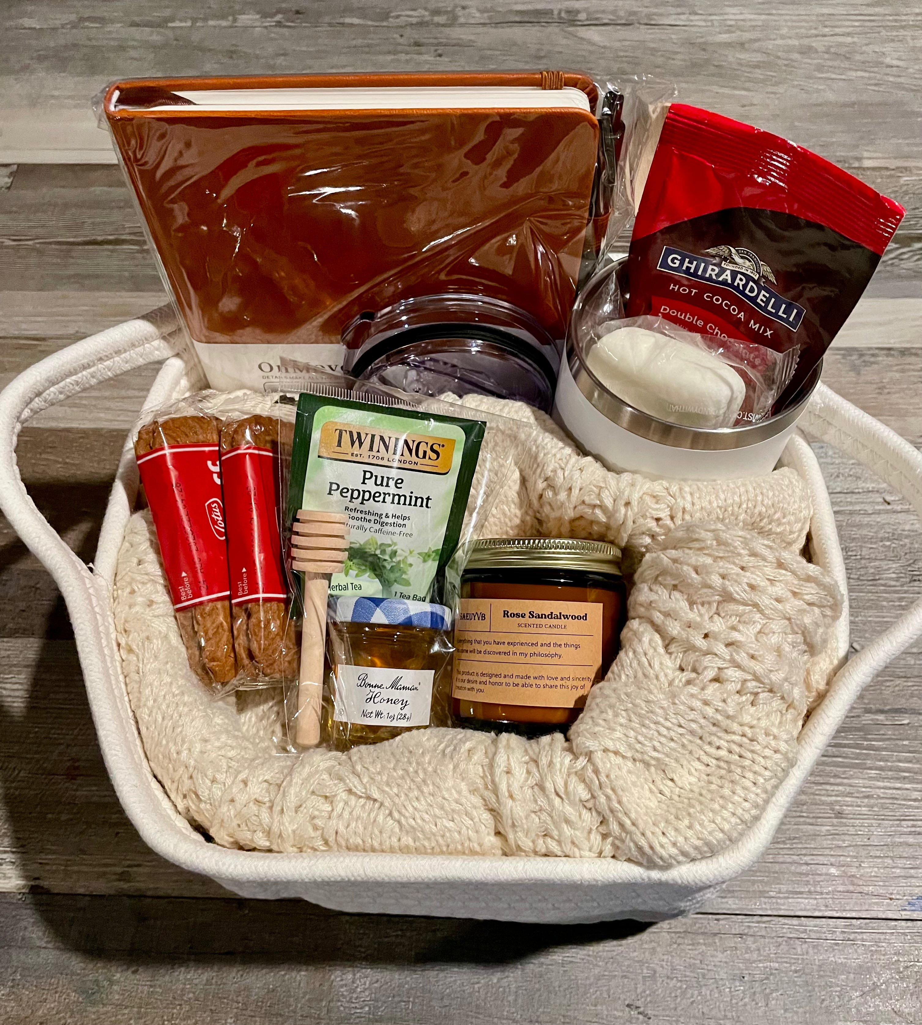 Warm Hugs Gift Basket with Personalized Tumbler/Mug