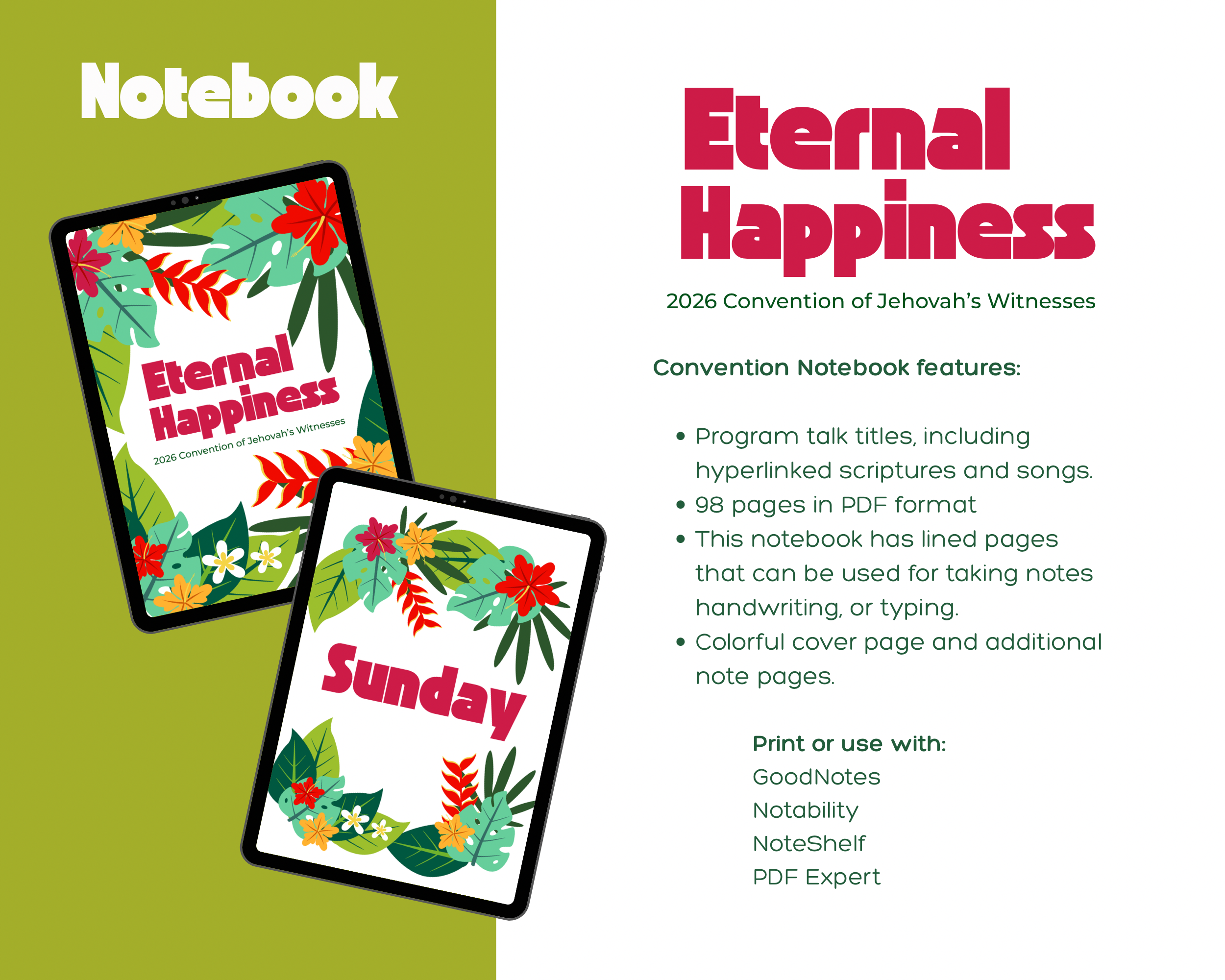 Carnet de notes "Bonheur Éternel" à thème tropical JW 2026