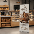 A standard roll-up banner stands in a bakery advertising its brand.
