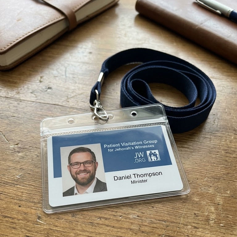 A clear plastic ID badge holder with a navy lanyard, resting on a wooden table. The badge contains a photo of a man and text for 'Patient Visitation Group for Jehovah's Witnesses' and 'JW DTC'.
