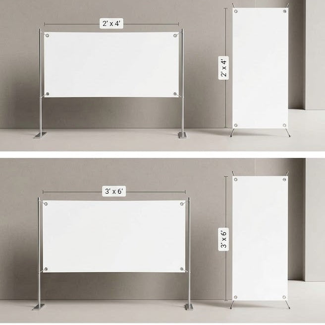 Three stacked views showing a freestanding white display board in different sizes mounted on a metal stand, with dimension labels reading 2 x 4, 3 x 6, and 4 x 8. The board is shown against a plain gray wall and floor.