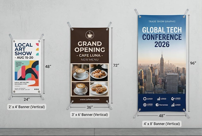Three vertical banner mockups displayed on a light gray wall, each with different printed designs and dimensions labeled below them: a colorful 'Local Art Show' banner (24 x 4 inches), a brown 'Grand Opening' cafe banner (36 x 6 inches), and a blue 'Global Tech Conference 2026' cityscape banner (48 x 6 inches).