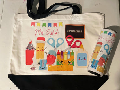 Cute Kawaii School Supplies Tote Bag & Tumbler, Personalized