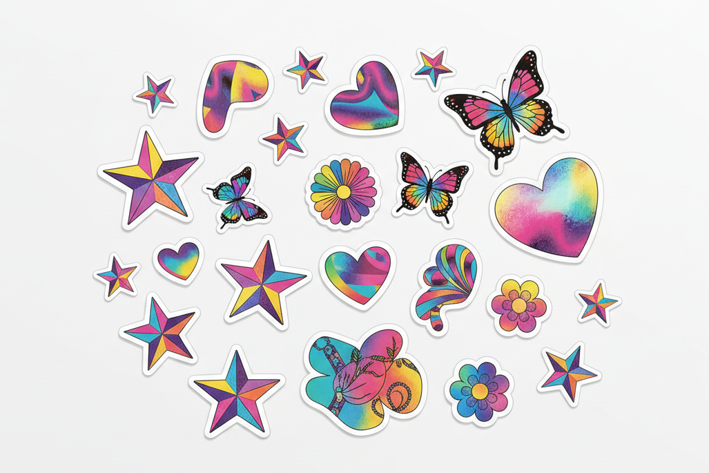 Colorful star, heart, and butterfly stickers on a white background
