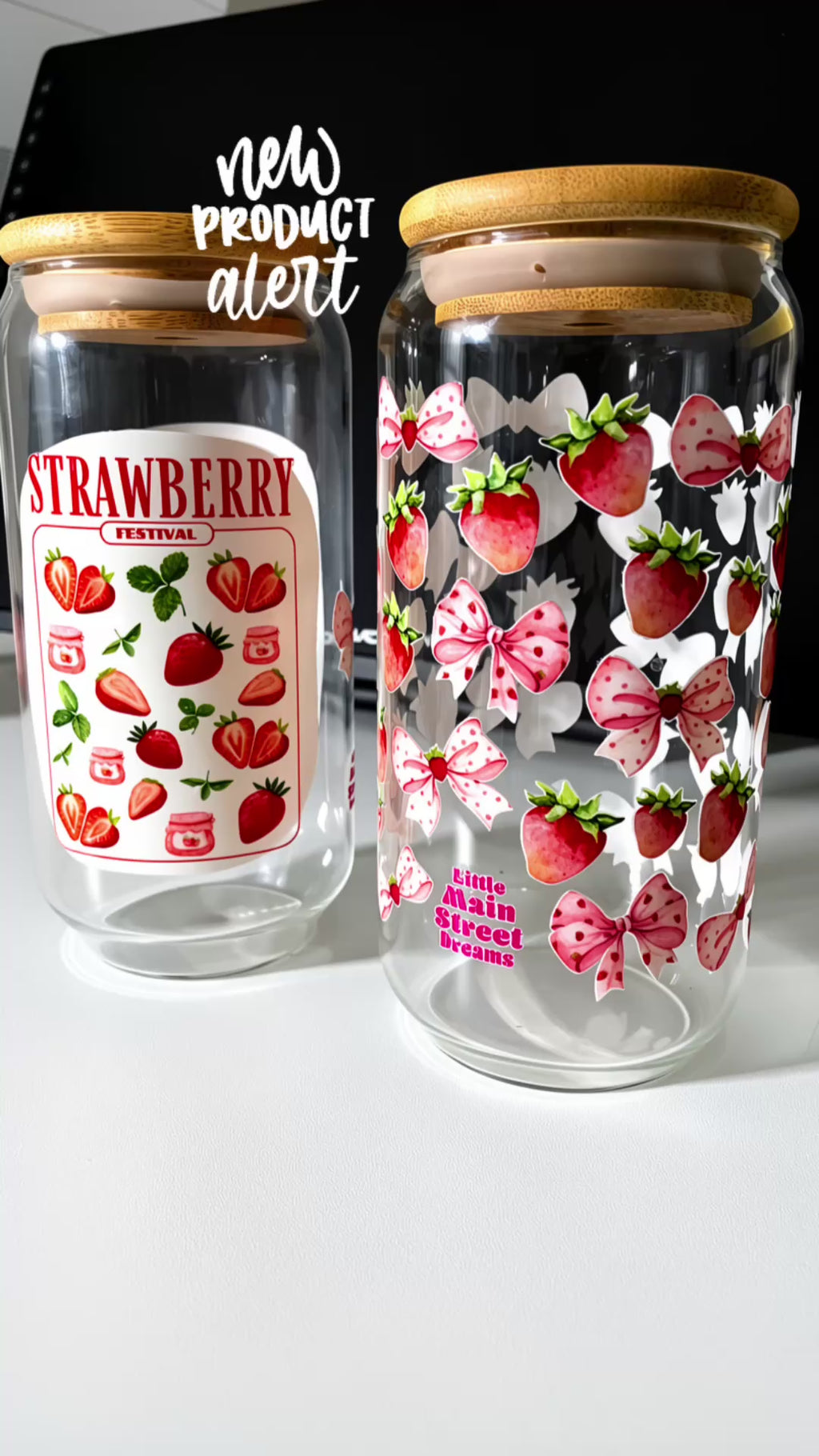 Strawberries & Pink Coquette Bow Glass Can | Iced Coffee Cup (16oz)