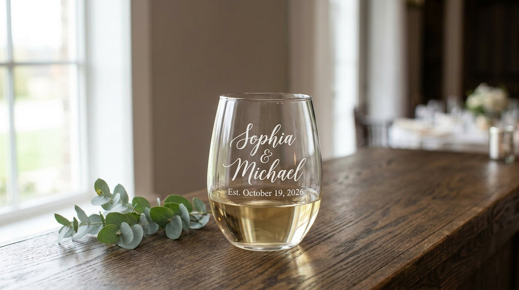 Personalized Stemless Wine Glass | Custom Wedding, Bridal Shower & Anniversary Gift